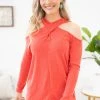 143 Story Red Criss-Cross Cold Shoulder Top