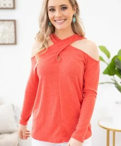 143 Story Red Criss-Cross Cold Shoulder Top