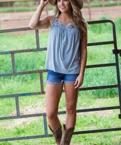 Shewin Tops Slate Blue Lace Trim Tank 7 Shewin Tops Slate Blue Lace Trim Tank