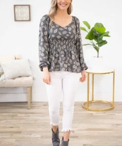 White Birch Steel Smocked Waist Leaf Print Top LONG SLEEVES