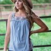 Shewin Tops Slate Blue Lace Trim Tank