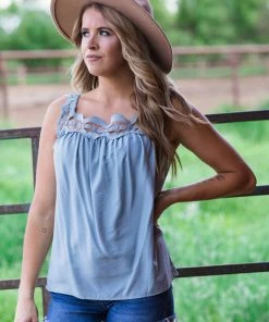 Shewin Tops Slate Blue Lace Trim Tank