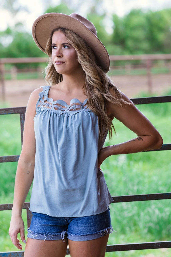 Shewin Tops Slate Blue Lace Trim Tank 3 Shewin Tops Slate Blue Lace Trim Tank