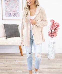 Lovely Melody Beige Teddy Bear Textured Shacket Outerwear