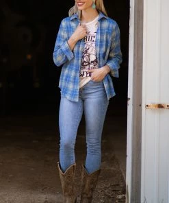 Timing Cornflower Blue Plaid Button Up Top