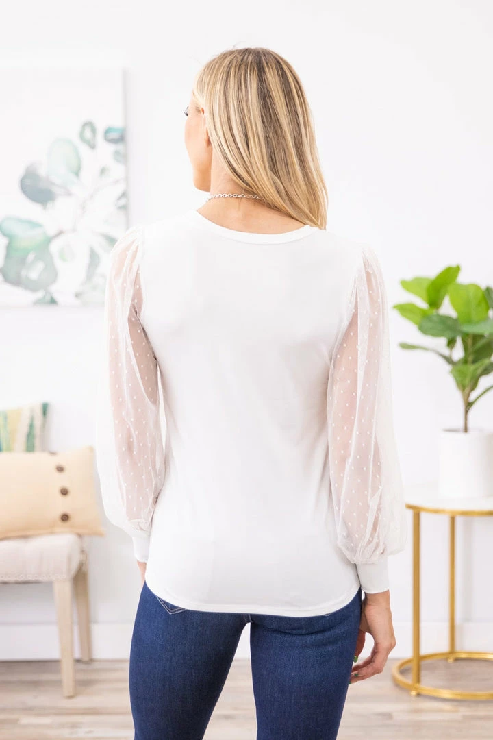 Les Amis White Top With Sheer Lace Balloon Sleeves LONG SLEEVES 8 Les Amis White Top With Sheer Lace Balloon Sleeves LONG SLEEVES