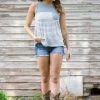 Doe & Rae Tops Off White And Sage Stripe Tank With Pocket