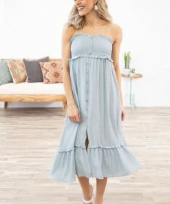 Be Cool Dresses Slate Blue Smocked Bodice Maxi Dress