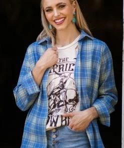 Timing Cornflower Blue Plaid Button Up Top