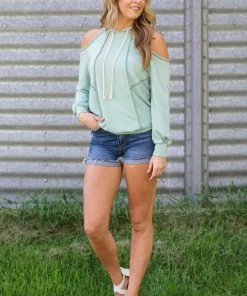Lovely Melody Tops Mint Reverse Seam Cold Shoulder Hoodie
