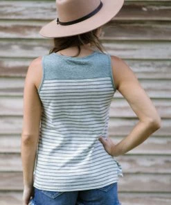 Doe & Rae Tops Off White And Sage Stripe Tank With Pocket