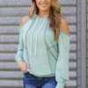 Lovely Melody Tops Mint Reverse Seam Cold Shoulder Hoodie