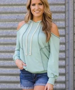 Lovely Melody Tops Mint Reverse Seam Cold Shoulder Hoodie
