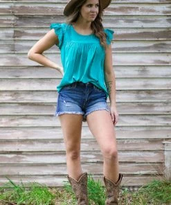 Staccato Jade Top With Crochet Ruffle Trim Tops