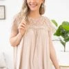 ALLIE ROSE SHORT SLEEVES Beige Crochet Lace Short Sleeve Top