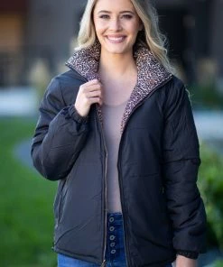 Max Apparel Brown Animal Print Reversible Puffer Jacket Outerwear