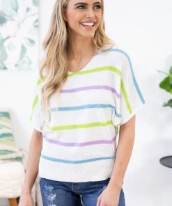 Staccato White Multicolor Stripe Lightweight Sweater