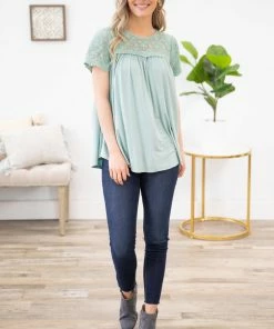 ALLIE ROSE Mint Crochet Lace Short Sleeve Top