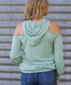 Lovely Melody Tops Mint Reverse Seam Cold Shoulder Hoodie