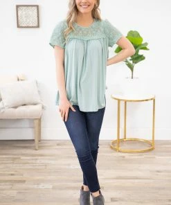 ALLIE ROSE Mint Crochet Lace Short Sleeve Top