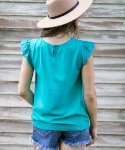 Staccato Jade Top With Crochet Ruffle Trim Tops