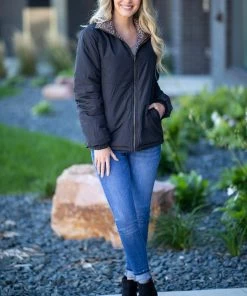 Max Apparel Brown Animal Print Reversible Puffer Jacket Outerwear