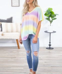 Haptics Yellow Multicolor Ombre Stripe Top SHORT SLEEVES
