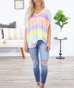 Haptics Yellow Multicolor Ombre Stripe Top SHORT SLEEVES