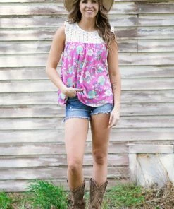 Staccato Tops Pink Multicolor Floral Tank With Eyelet Yoke