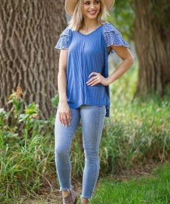 Haptics Tops Dusty Blue Rib Knit Lace Sleeve V-Neck Top