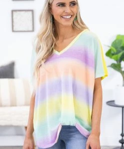 Haptics Yellow Multicolor Ombre Stripe Top SHORT SLEEVES