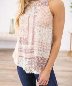 Doe & Rae Mauve Floral Print Tank With Fringe Trim TANK TOPS