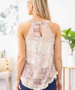 Doe & Rae Mauve Floral Print Tank With Fringe Trim TANK TOPS
