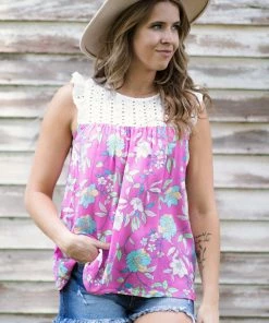 Staccato Tops Pink Multicolor Floral Tank With Eyelet Yoke