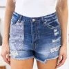 Easel Dark Wash Paisley Patch Fray Hem Shorts Bottoms