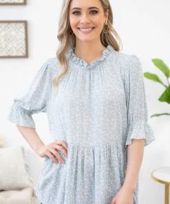 Lovely Melody Pastel Blue Ditsy Floral Babydoll Top