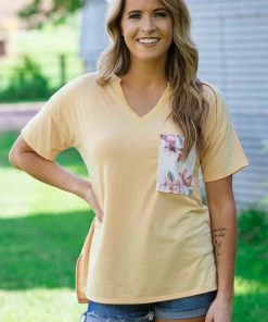 Hopely Yellow V-Neck Top With Floral Contrast