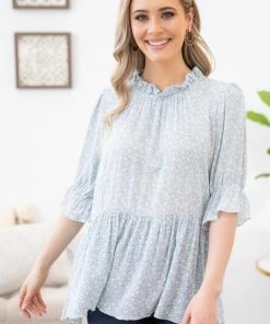 Lovely Melody Pastel Blue Ditsy Floral Babydoll Top