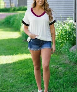 Blumin Apparel Tops White V-Neck Top With Contrast Trim