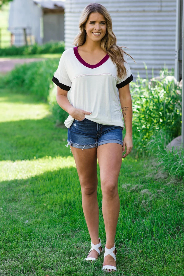 Blumin Apparel Tops White V-Neck Top With Contrast Trim 4 Blumin Apparel Tops White V-Neck Top With Contrast Trim