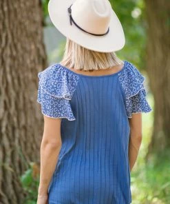 Haptics Tops Dusty Blue Rib Knit Lace Sleeve V-Neck Top