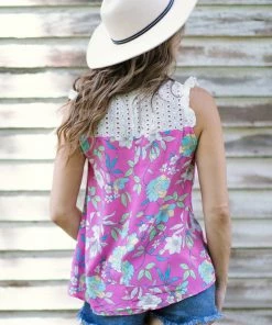 Staccato Tops Pink Multicolor Floral Tank With Eyelet Yoke