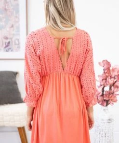 Ninexis Coral Eyelet Bodice Dolman Sleeve Dress