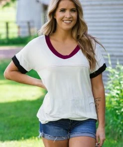 Blumin Apparel Tops White V-Neck Top With Contrast Trim