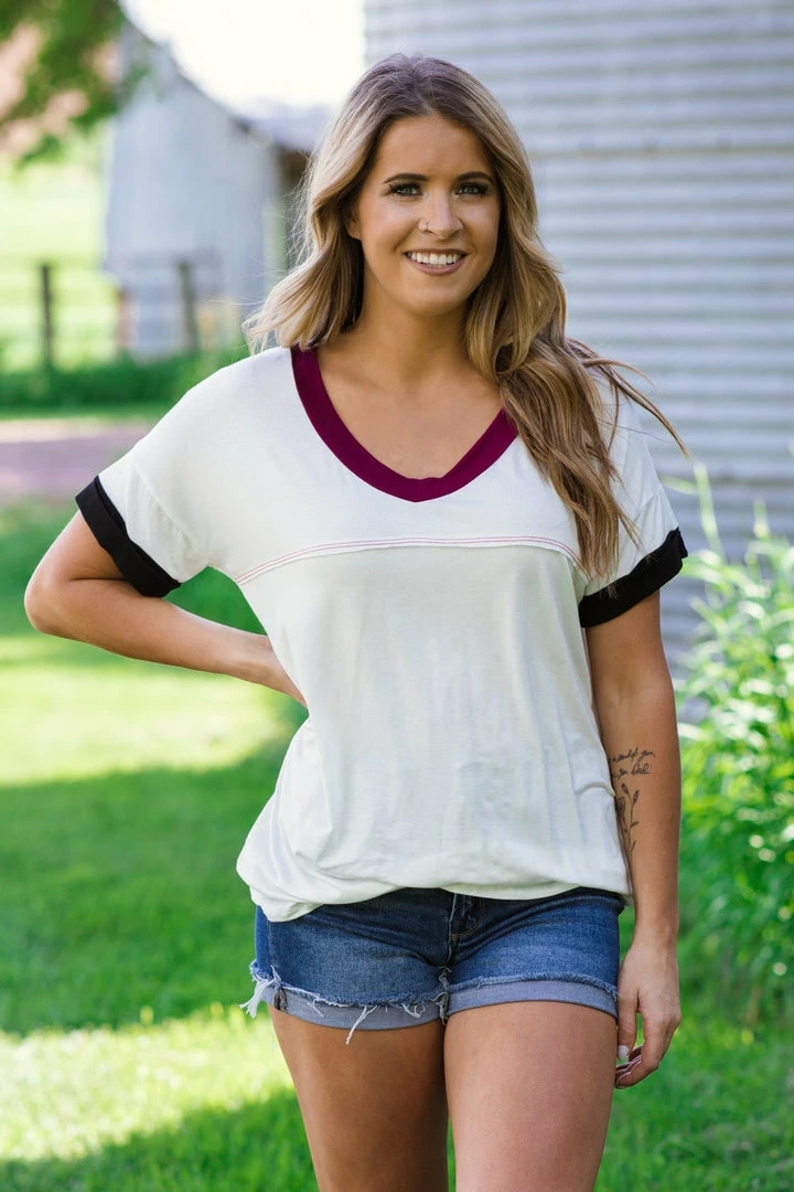 Blumin Apparel Tops White V-Neck Top With Contrast Trim 3 Blumin Apparel Tops White V-Neck Top With Contrast Trim