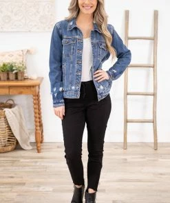 Cello Dark Wash Distressed Denim Jacket