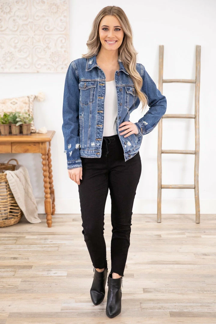 Cello Dark Wash Distressed Denim Jacket 4 Cello Dark Wash Distressed Denim Jacket