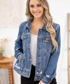 Cello Dark Wash Distressed Denim Jacket