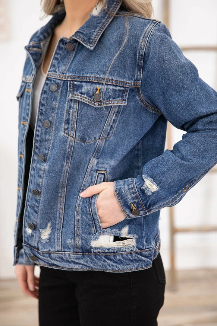 Cello Dark Wash Distressed Denim Jacket 6 Cello Dark Wash Distressed Denim Jacket