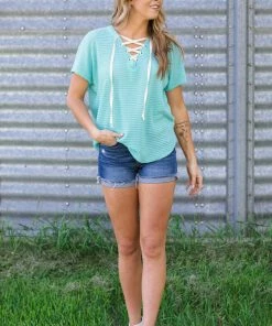 143 Story Tops Aqua Waffle Knit Lace Up V-Neck Top
